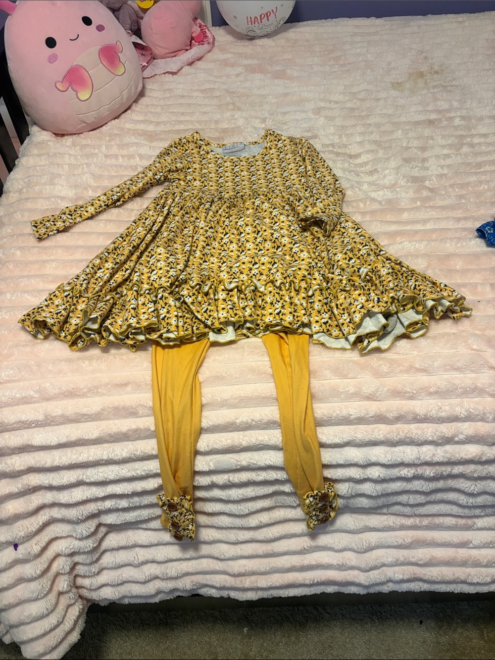 Girls Yellow Floral Long-Sleeve Dress with Matching Leggings